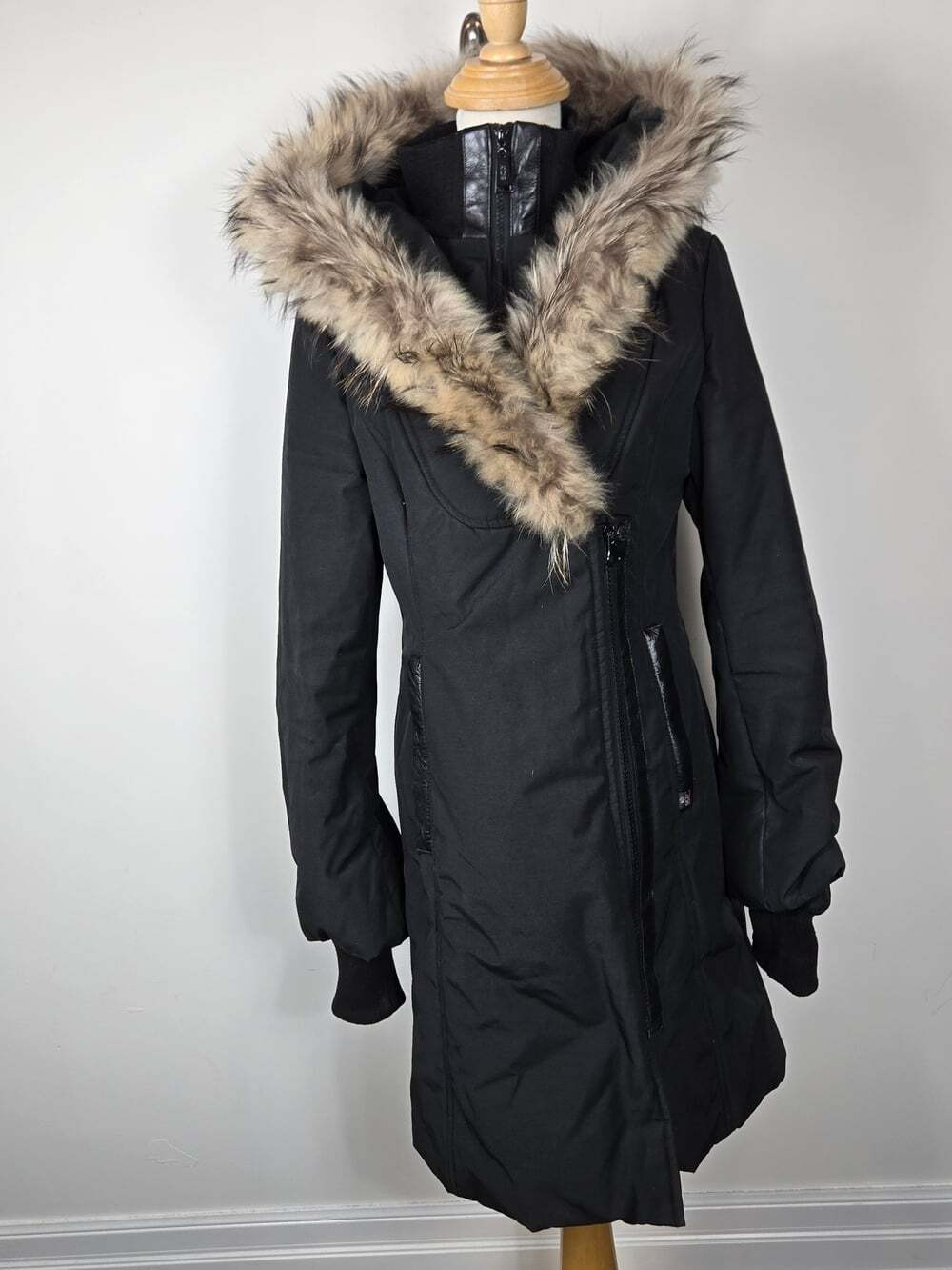 Sicily Clothing Black Fur Trim Long Puffer Coat S Y2K Goth Made in Canada - Picture 2 of 10